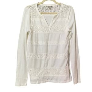 Lucky Brand White Long Sleeve Embroidered Blouse Boho Womens M Crochet Eyelet